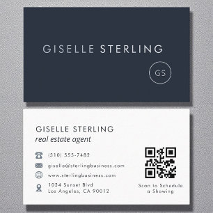 Tarjeta De Visita Agente inmobiliario QR Code Navy Blue Luxury