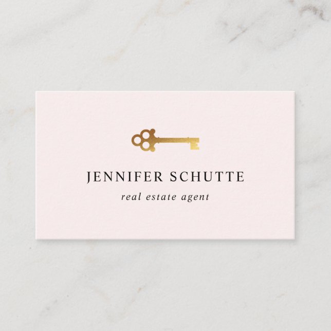 Tarjeta De Visita Agente inmobiliario Rubor Pink Gold Key Luxe Moder (Anverso)