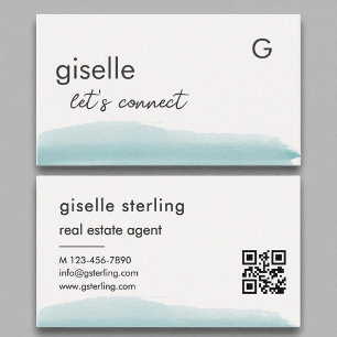 Tarjeta De Visita Agente inmobiliario Watercolor Aqua Brush Código Q