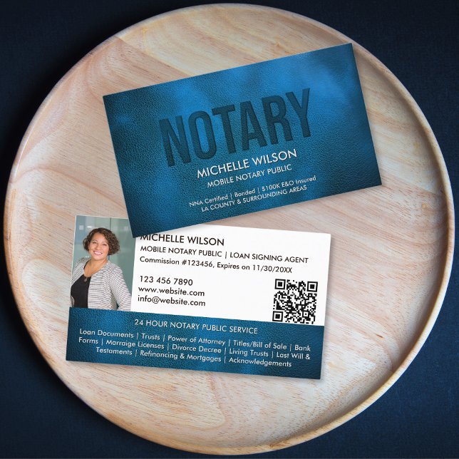 Tarjeta De Visita Agente notarial de firma de préstamos públicos Fot (navy blue  leather with embossed "notary" text business card)