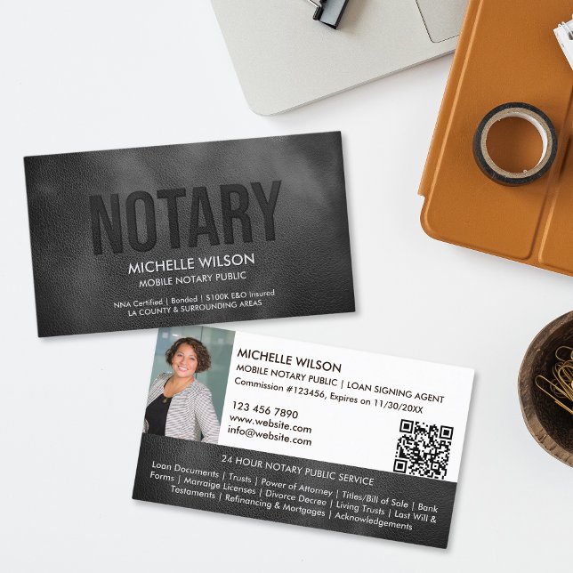 Tarjeta De Visita Agente notarial de firma de préstamos públicos Fot (black  leather with embossed "notary" text business card)