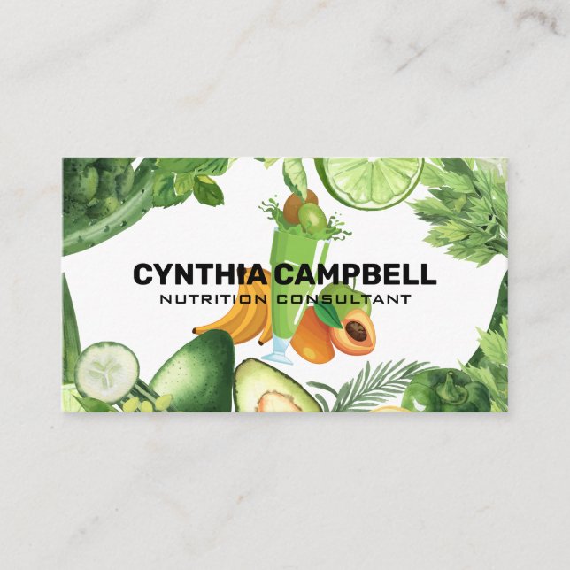 Tarjeta De Visita Agitación verde vegetal de frutas | Nutricionista (Anverso)