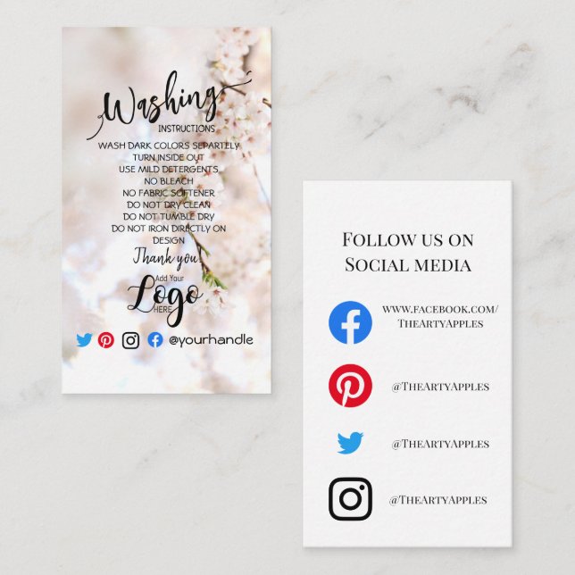Tarjeta De Visita AGREGAR instrucciones de lavado de LOGO Flores de  (Anverso / Reverso)