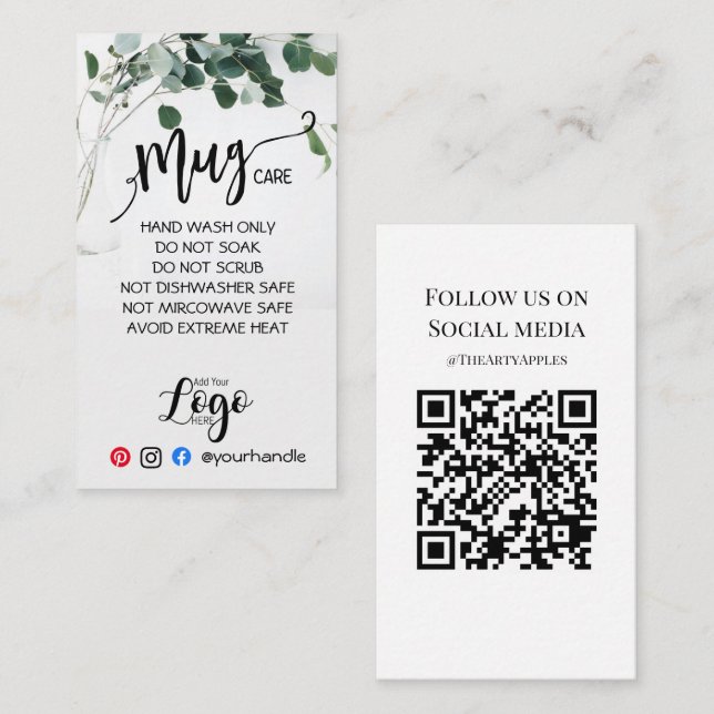 Tarjeta De Visita AGREGAR SU LOGO mug CARE vinyl business eucalipto (Anverso / Reverso)