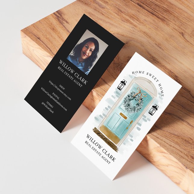 Tarjeta De Visita Agua acuática puerta delantera Wreath Inmobiliaria (Aqua Watercolor Front Door Wreath Real Estate Business Card)