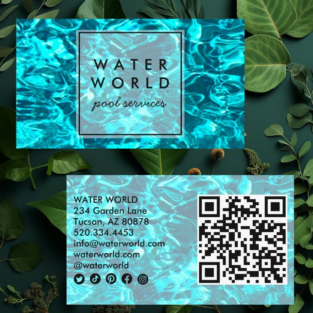 Tarjeta De Visita Agua Esparkles Servicio Piscina Foto Código QR (Pool sparkles photography custom business cards. Social media icons and Qr code)