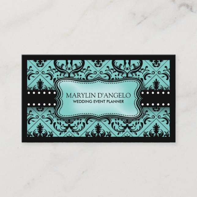 Tarjeta De Visita Aguamarina azul y planificador negro de la boda (Anverso)