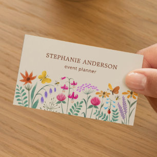 Tarjeta De Visita Aguamarina Flores Silvestres Mariposa Abeja
