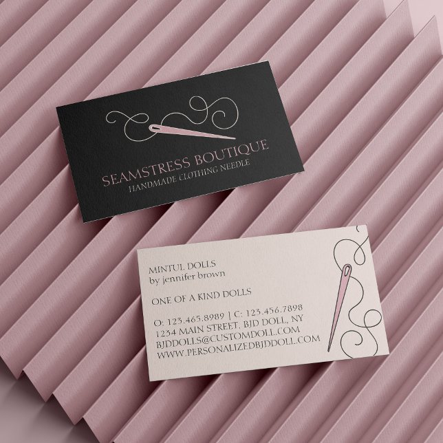 Tarjeta De Visita Aguja de alteración de la costura del sastre rosad (Black Pink Tailor Seamstress Alterations Needle Business Card)