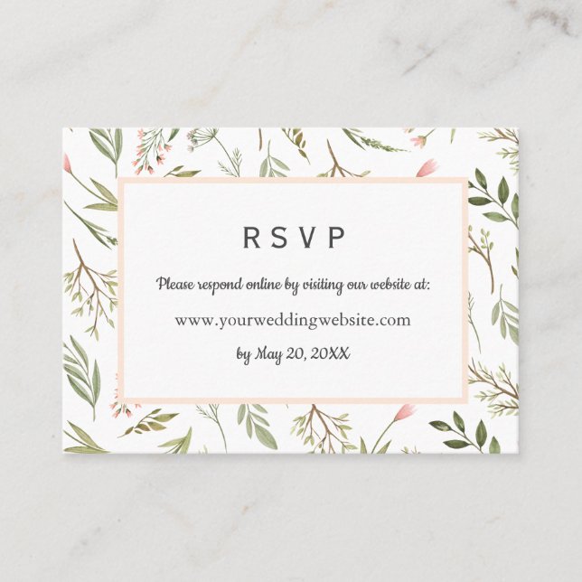 Tarjeta De Visita Airy Pink wildflowers Wedding sitio web RSVP onlin (Anverso)