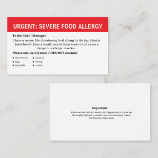 Tarjeta De Visita Alerta de Alergia Alimentaria Múltiple
