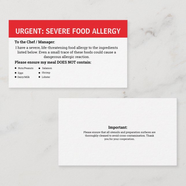 Tarjeta De Visita Alerta de Alergia Alimentaria Múltiple (Anverso / Reverso)