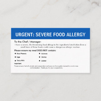 Tarjeta De Visita Alerta de Alergia Alimentaria Múltiple