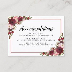 Tarjeta De Visita Alojamiento en Hotel Rústico Burgundy Floral Boda