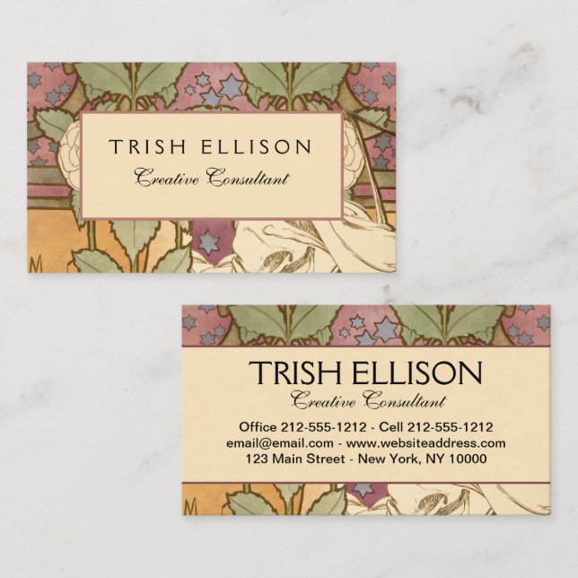 Tarjeta De Visita Alphonse Mucha Elegant Art Nouveau Stars Camellia  (Anverso / Reverso)