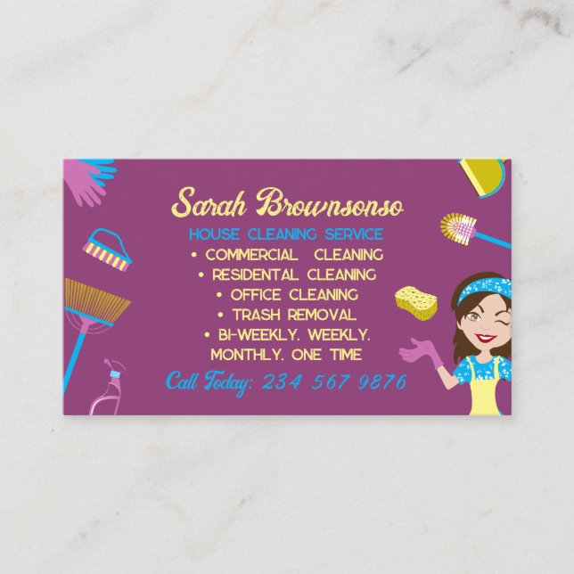 Tarjeta De Visita Ama de casa de Purple Blue Yellow limpiando servic (Anverso)
