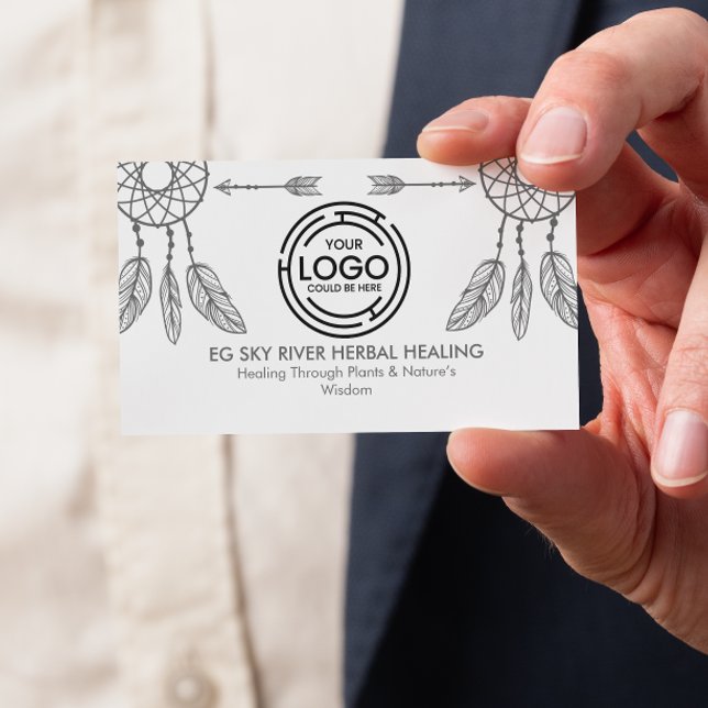 Tarjeta De Visita Amantes mínimos, plumas, flechas Wellness (tribal-inspired monochrome design with dream-catcher  feather illustrations, soft gray business card)
