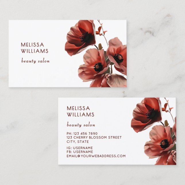 Tarjeta De Visita Amapolas Rojas Flores Blancas (Anverso / Reverso)