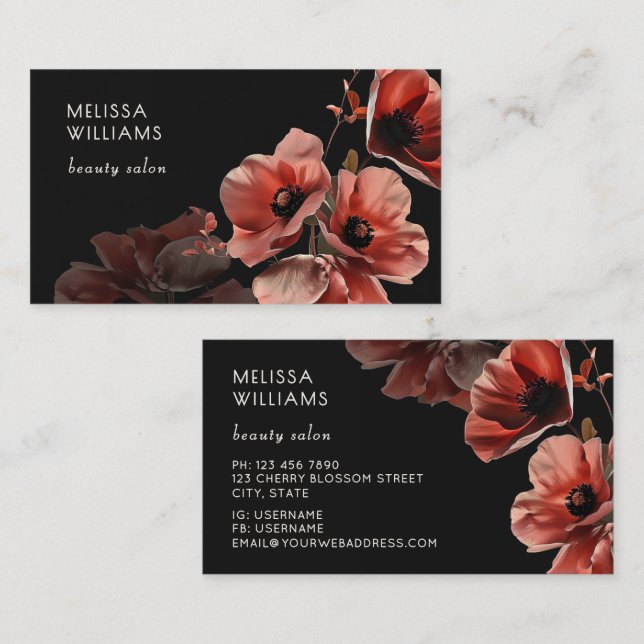 Tarjeta De Visita Amapolas Rojas Flores Negros (Anverso / Reverso)