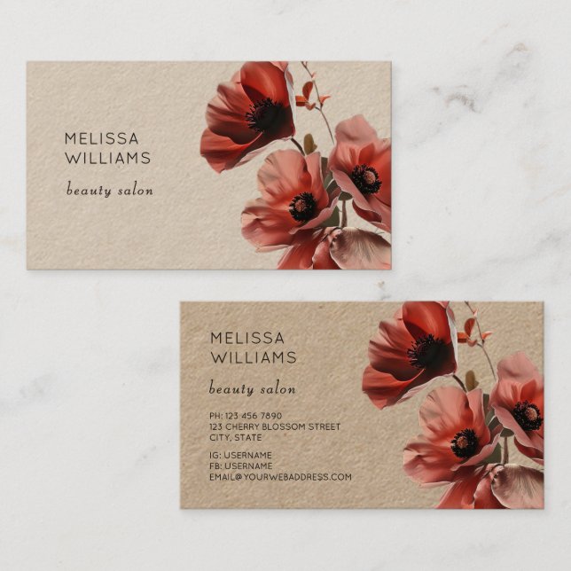 Tarjeta De Visita Amapolas Rojas Flores Papel Kraft (Anverso / Reverso)