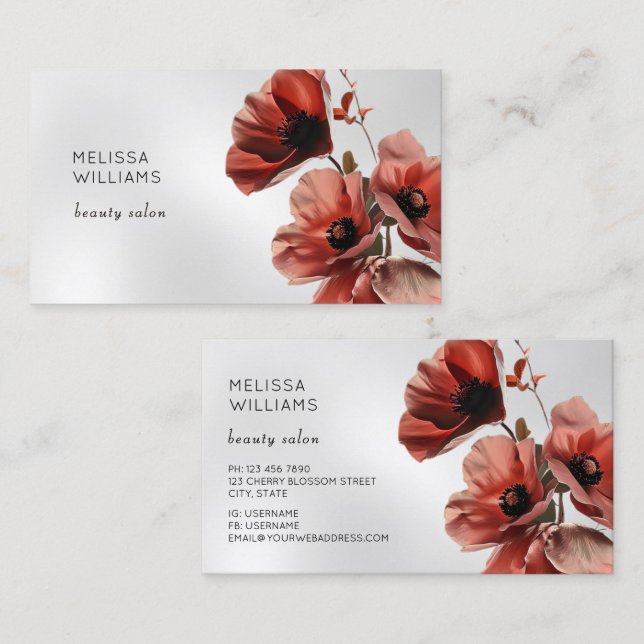 Tarjeta De Visita Amapolas Rojas Flores Plata (Anverso / Reverso)