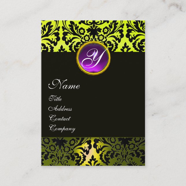 TARJETA DE VISITA AMARILLO AMARILLO NEGRO DAMASK PURPLE AMETHYST GEM (Anverso)