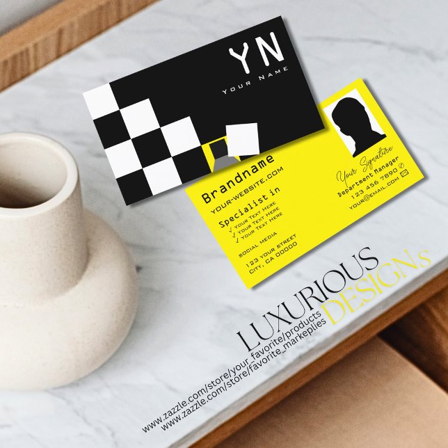 Tarjeta De Visita Amarillo blanco negro revisado con monograma y fot (Subido por el creador)