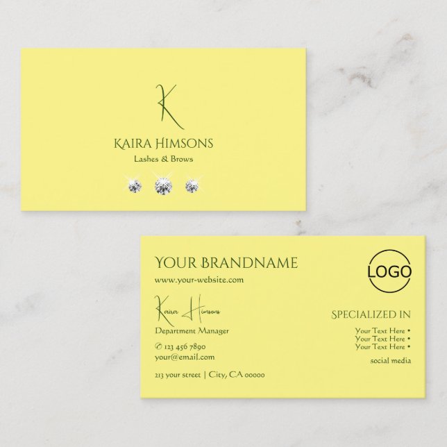 Tarjeta De Visita Amarillo claro con logotipo monograma y joyas (Anverso / Reverso)