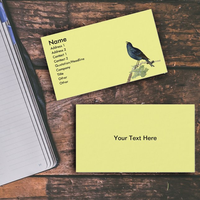 Tarjeta De Visita Amarillo elegante de pájaro negro de época (Singing black bird on branch leaves caterpillar on bright yellow business cards.)