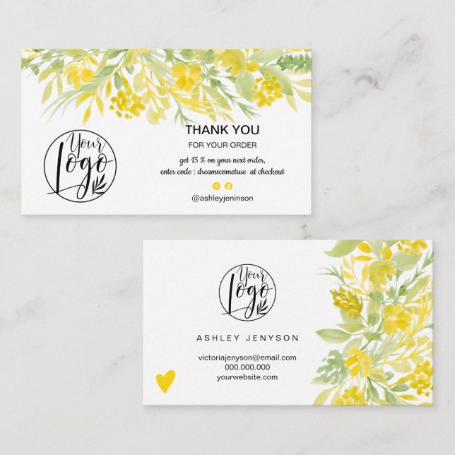 Tarjeta De Visita Amarillo floral acuarela fresco logo pedido gracia (Anverso / Reverso)