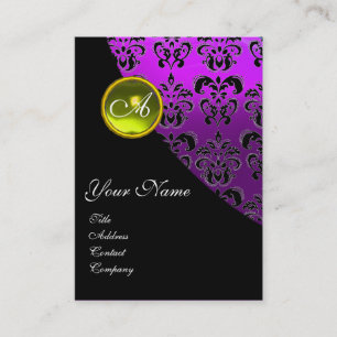 Tarjeta De Visita AMARILLO TOPAZ DAMASK MONOGRAM, violeta púrpura