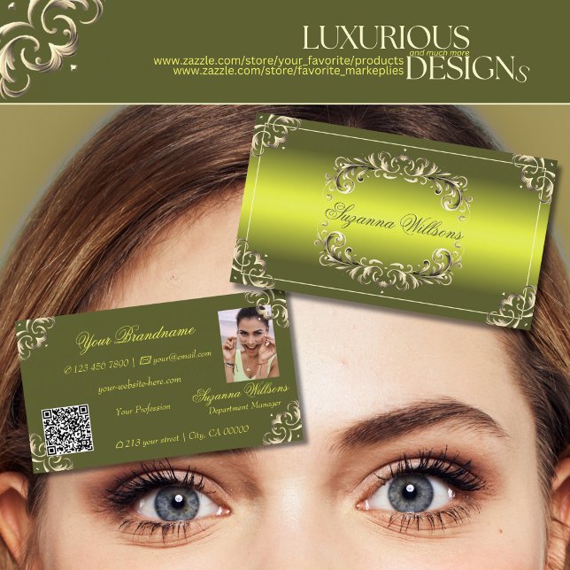 Tarjeta De Visita Amarillo verde decorativo con foto y código QR (Subido por el creador)