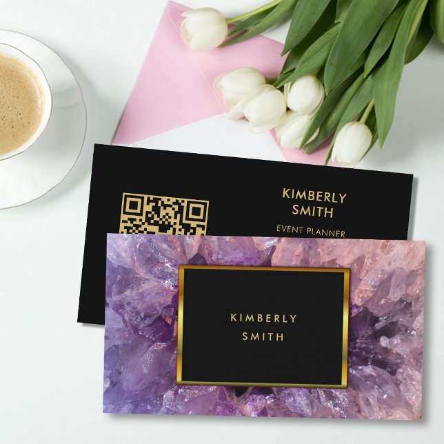 Tarjeta De Visita Amatista morado dorado gemelo código QR profesiona (Elegant purple amethyst, gold black, QR code professional business card,)