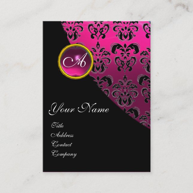 TARJETA DE VISITA AMETHYST BLACK FUCHSIA DAMASK MONOGRAM (Anverso)