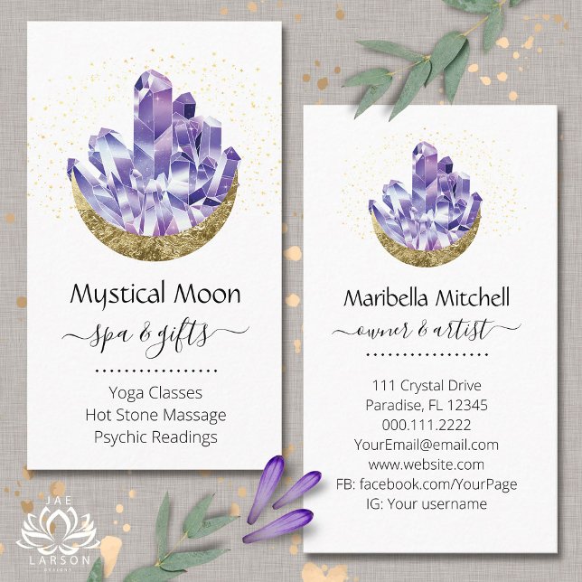 Tarjeta De Visita Amethyst Crystal Cluster Gold Crescent Moon Mystic (Subido por el creador)