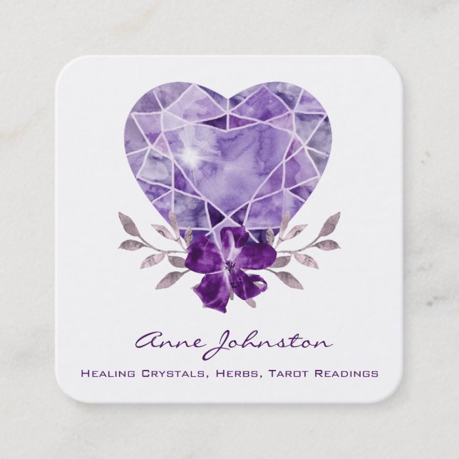 Tarjeta de visita Amethyst Heart Floral Square (Anverso)