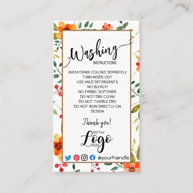 Tarjeta De Visita AÑADIR SUS instrucciones de lavado LOGO CARE flora (Anverso)