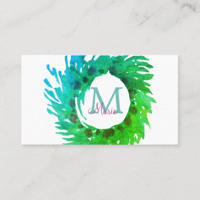 Tarjeta De Visita Añadir una corona verde rosa monogramo (Anverso)