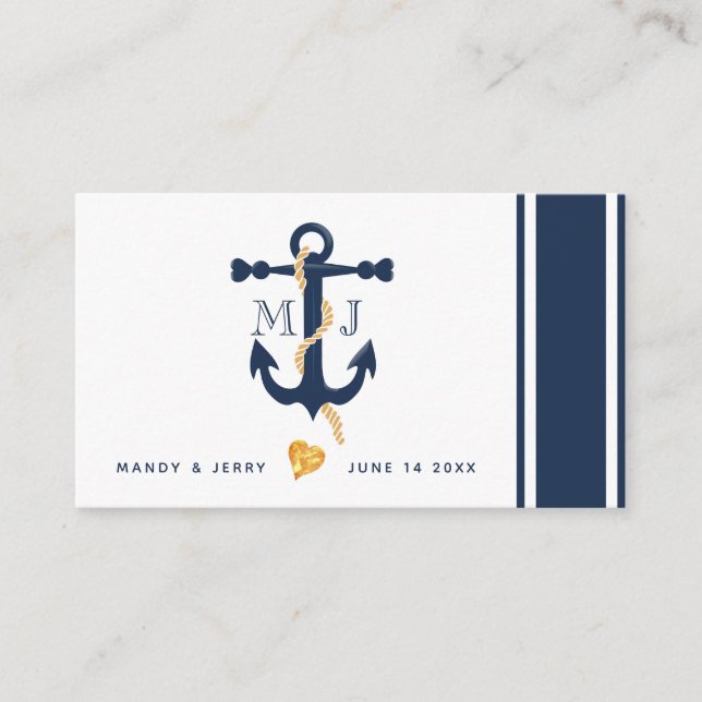 Tarjeta de visita ancla-náutica azul del boda (Anverso)