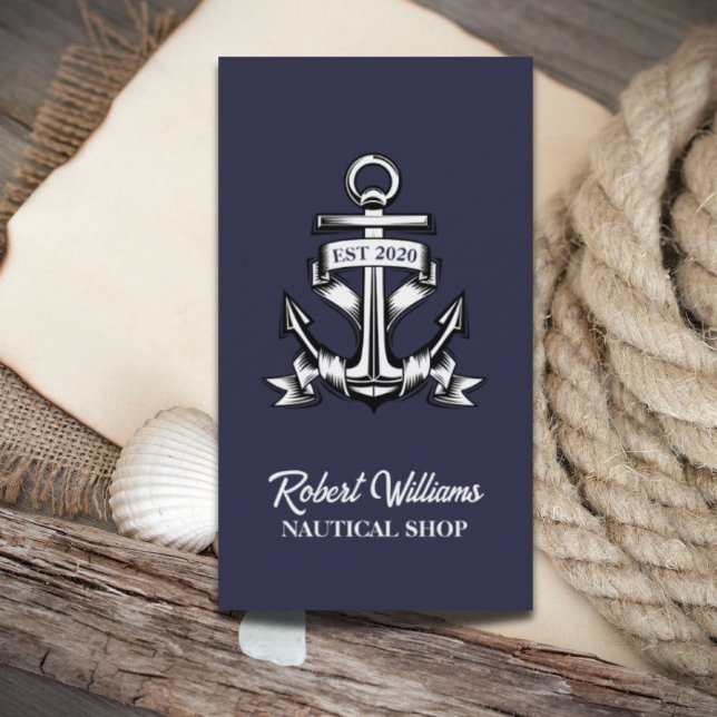 Tarjeta De Visita Anclaje náutico azul de barco de la marina costera (Coastal Navy Blue Yacht Boat Ship Anchor Nautical Business Card)