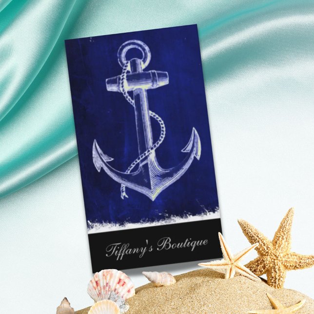 Tarjeta De Visita anclaje náutico de la moda costera azul marino de  (beach navy blue coastal chic nautical anchor business card)