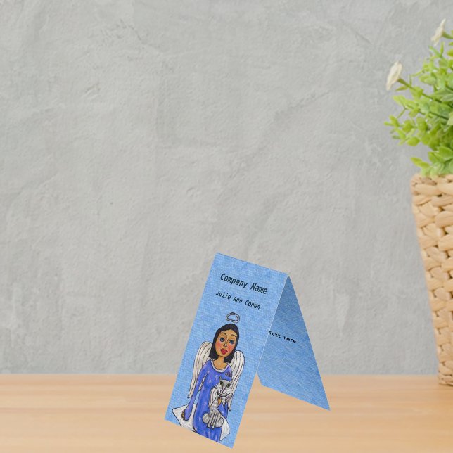 Tarjeta De Visita Ángel Alas Blancas en la Nube Gato Angel Azul (Angel blue eyes dress holding white angel cat on cloud on sky blue standing business cards.)