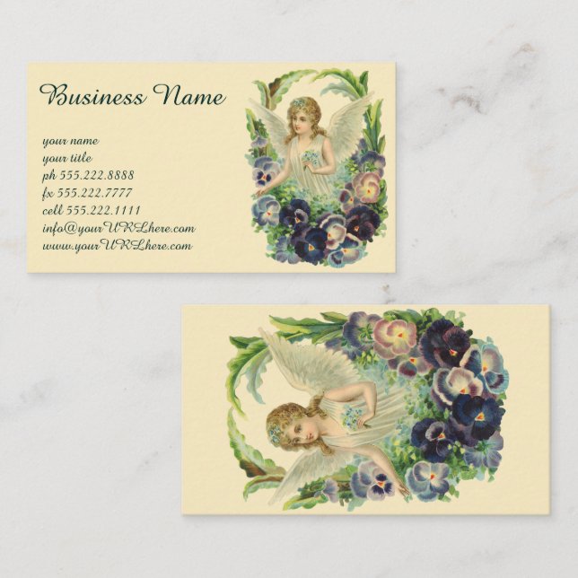 Tarjeta De Visita Ángel de Pascua victoriano con flores de púrpura (Anverso / Reverso)