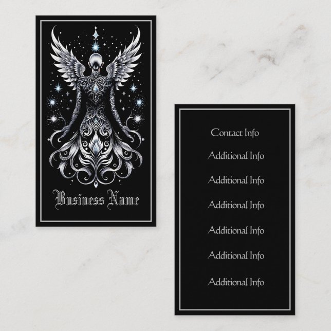 Tarjeta De Visita Ángel de tatuaje negro y plateado (Anverso / Reverso)
