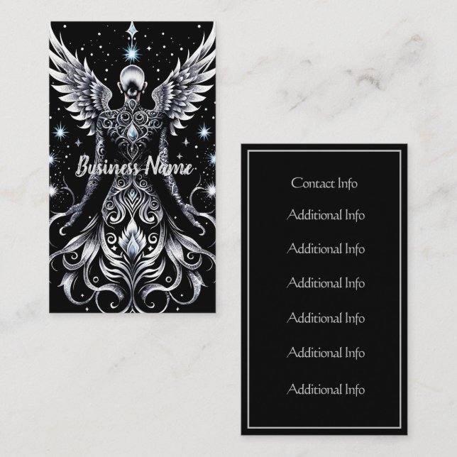 Tarjeta De Visita Ángel de tatuaje negro y plateado 2 (Anverso / Reverso)