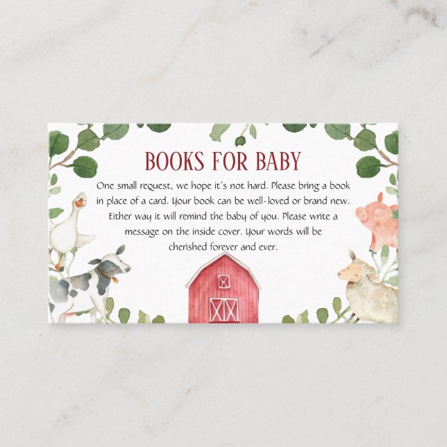 Tarjeta De Visita Animales de granja Libros de Baby Shower para bebé (Anverso)