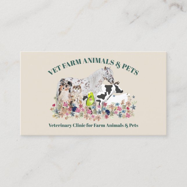 Tarjeta De Visita Animales de la Granja Caballo Verde Beige Vaca Ove (Anverso)