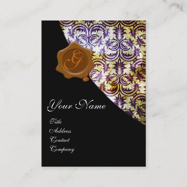 Tarjeta De Visita ANTIGUA DAMASK BROWN WAX SEAL MONOGRAM púrpura (Anverso)