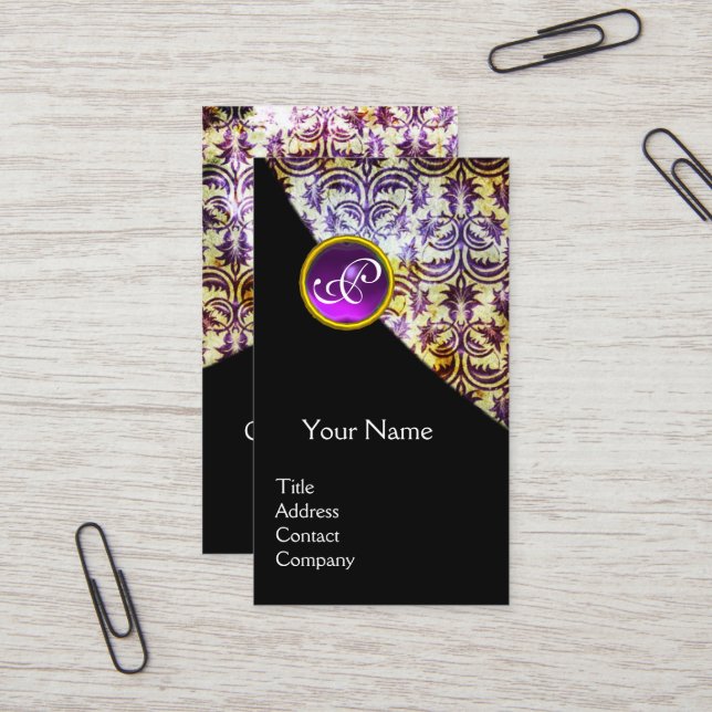 Tarjeta De Visita ANTIGUA DAMASK PURPLE GEMSTONE MONOGRAM Negro (Anverso/Reverso In Situ)