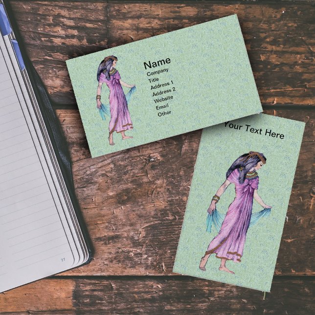 Tarjeta De Visita Antigua princesa de la dama egipcia en morado (Ancient Egyptian woman pink dress blue scarf on green with blue business cards.)